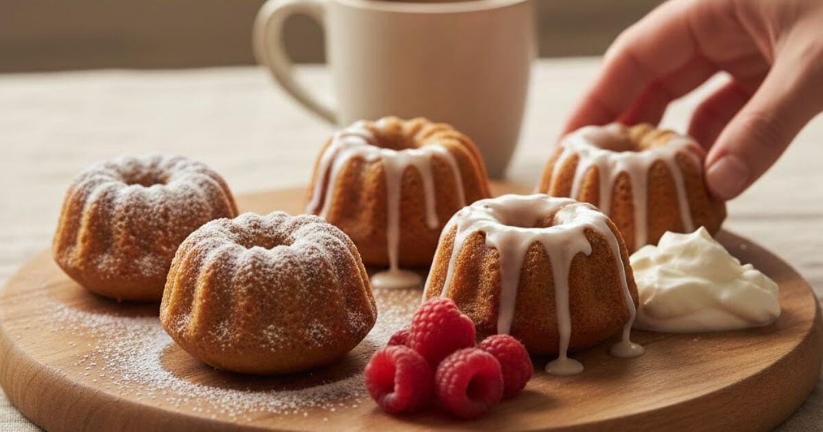 Mini Bundt cupcakes topped with icing and powdered sugar on a wooden board, served with fresh raspberries and whipped cream Bundt Cupcakes: 8 Best Steps to Bake.