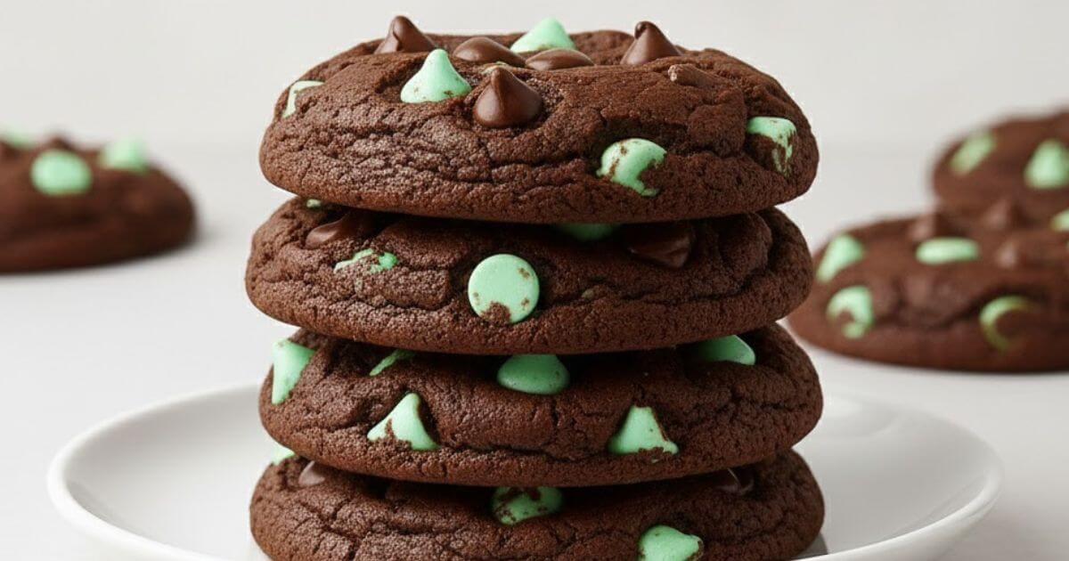 Stack of four rich, dark brown Chocolate Chip Mint Cookies on a white plate, featuring both regular chocolate chips and bright mint-green chips.