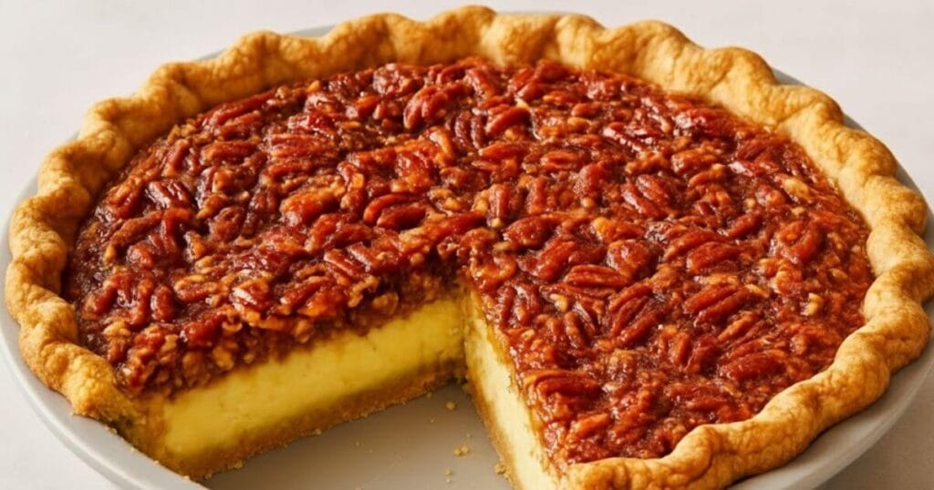 A whole cheesecake pecan pie, baked to golden perfection, with a slice removed to show the creamy cheesecake filling layer beneath the glossy pecan topping and flaky crimped crust.