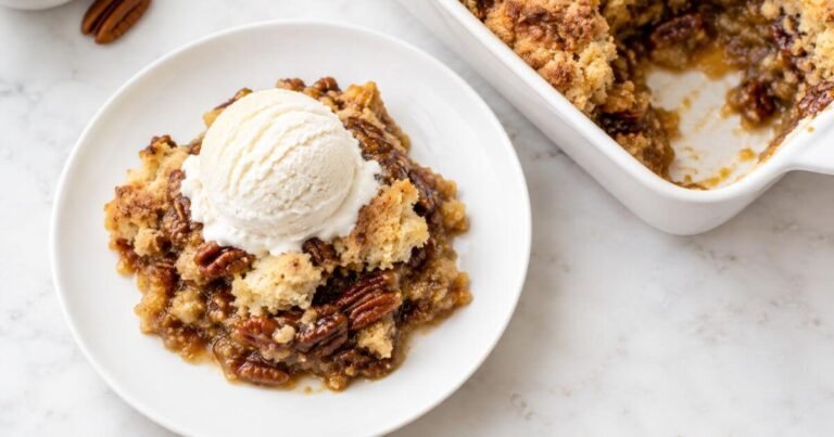 Warm serve of Pecan Pie Dump Cake topped with a scoop of vanilla ice cream next to the baking dish.