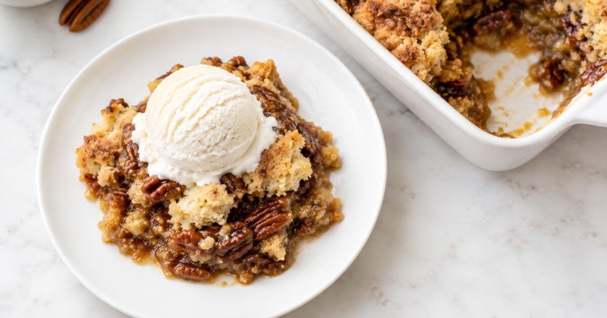 Warm serve of Pecan Pie Dump Cake topped with a scoop of vanilla ice cream next to the baking dish.