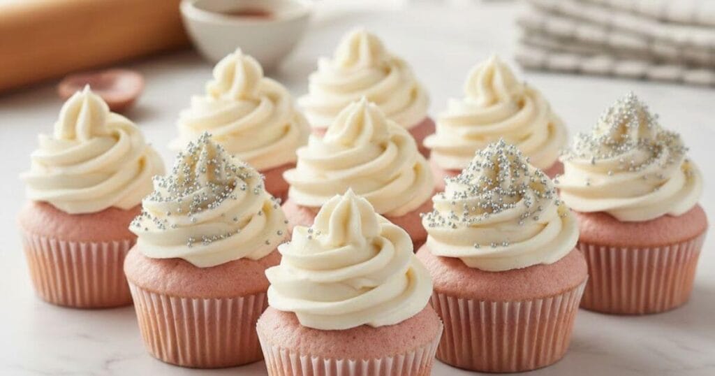 Soft pink cupcakes topped with white swirled buttercream frosting and silver sprinkles, arranged on a marble surface how to get pink and white cupcakes easily.