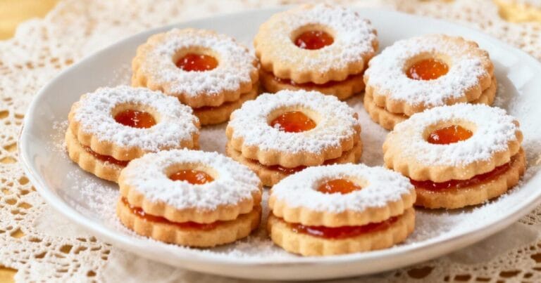 Plate of classic Linzer cookies dusted with powdered sugar and filled with apricot jam.