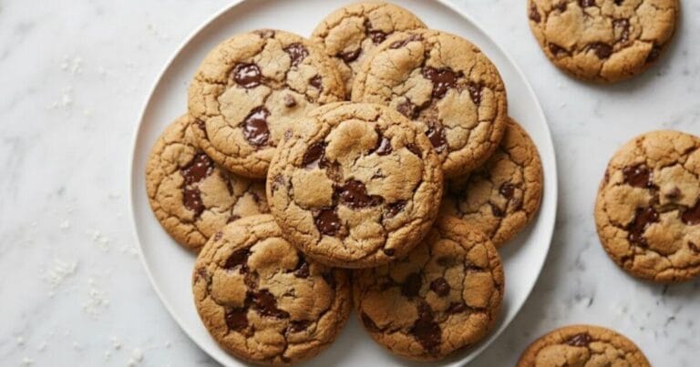 A white plate piled high with golden brown, chewy small-batch chocolate chip cookies featuring melted dark chocolate chips.