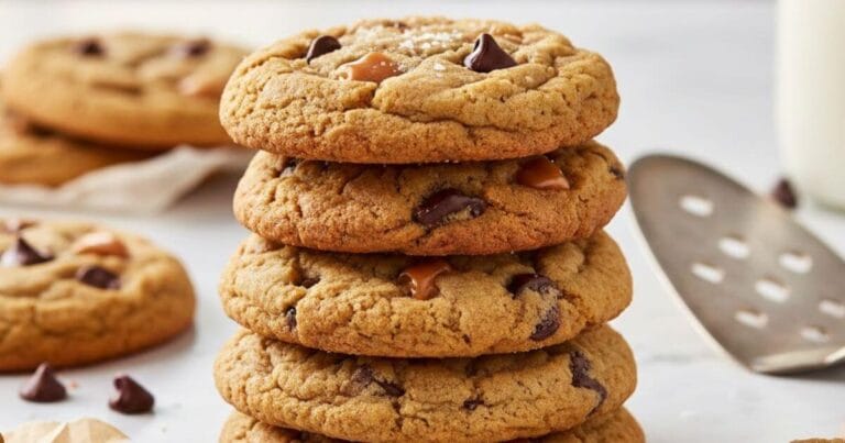 Stack of four freshly baked caramel chocolate chip cookies with sea salt flakes on top, next to a metal spatula.