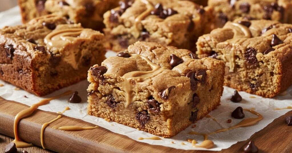 Close-up view of Easy Peanut Butter Chocolate Chip Bars on parchment paper, featuring a soft texture, melted chocolate chips, and a peanut butter drizzle.