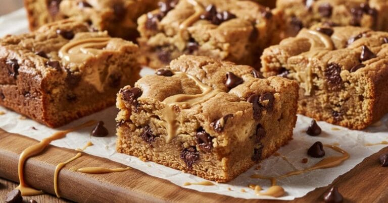 Close-up view of Easy Peanut Butter Chocolate Chip Bars on parchment paper, featuring a soft texture, melted chocolate chips, and a peanut butter drizzle.
