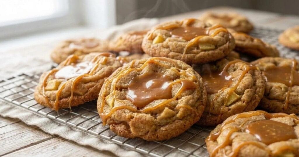 Fresh caramel apple cookies cooling on a wire rack, topped with melted caramel and apple chunks – the Best Caramel Apple Cookies revealing the top 3 secrets for perfect texture.