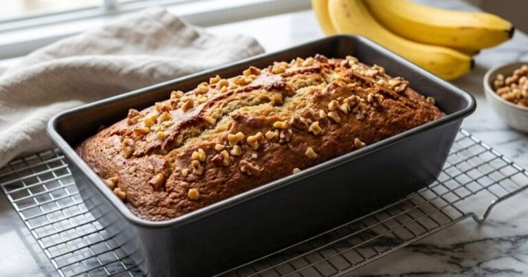 A freshly baked Banana and Nuts Cake in a dark metal loaf pan cooling on a wire rack, topped with chopped walnuts, with fresh yellow bananas and a bowl of nuts in the background.