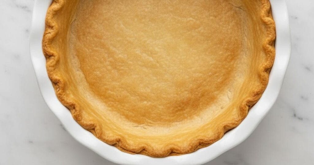 Top-down view of an unbaked, pale yellow Flaky Pie Crust Recipe pressed into a white fluted ceramic pie dish, ready for filling.