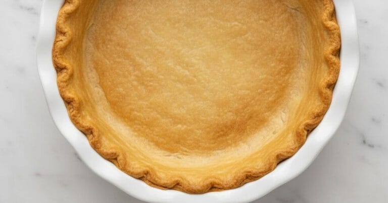 Top-down view of an unbaked, pale yellow Flaky Pie Crust Recipe pressed into a white fluted ceramic pie dish, ready for filling.