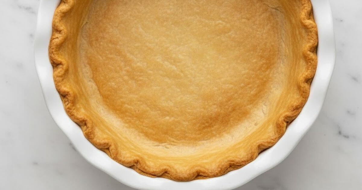 Top-down view of an unbaked, pale yellow Flaky Pie Crust Recipe pressed into a white fluted ceramic pie dish, ready for filling.