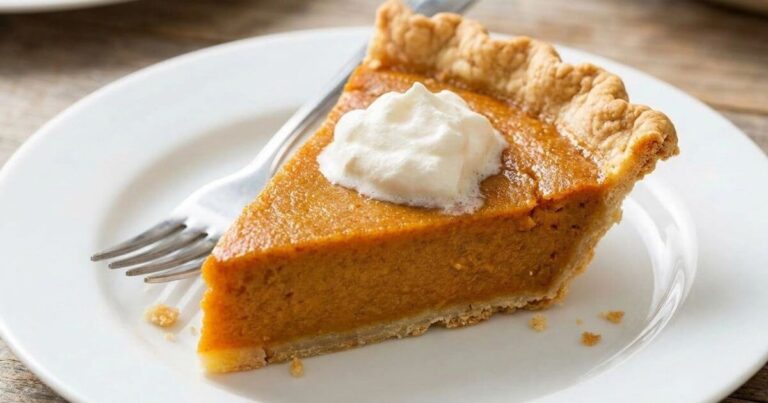 Slice of homemade sweet potato pie with a flaky crust topped with whipped cream on a white plate