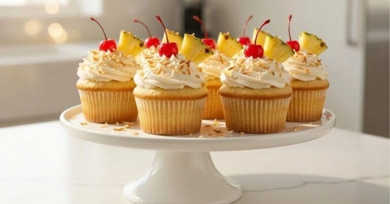 A platter of Pina Colada cupcakes topped with swirls of coconut frosting, toasted coconut flakes, fresh pineapple wedges, and maraschino cherries.