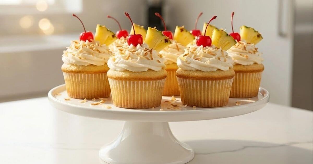 A platter of Pina Colada cupcakes topped with swirls of coconut frosting, toasted coconut flakes, fresh pineapple wedges, and maraschino cherries.