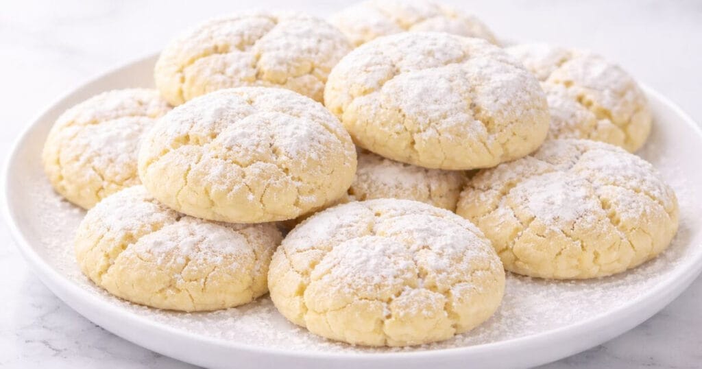 A plate of powdered sugar-dusted Ooey Gooey Butter Cookies made from cake mix, featuring a soft, crinkled texture.