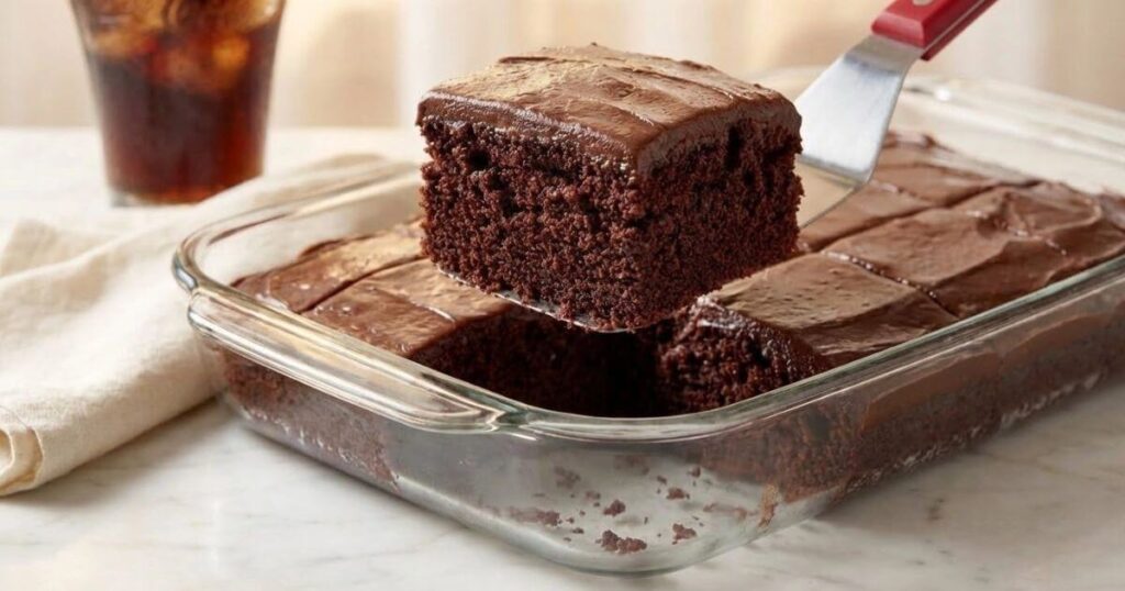 A thick square slice of moist chocolate Coca Cola cake being lifted out of a glass baking dish with a spatula, featuring rich chocolate frosting and a glass of cola in the background.
