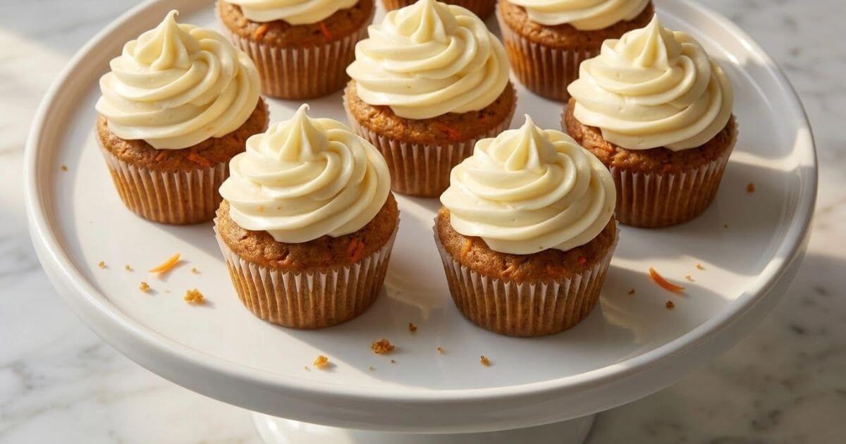 A platter of homemade carrot cupcakes with swirls of creamy white cream cheese frosting, showcasing the best carrot cupcake recipe results.