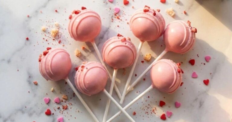 Strawberry cake pops coated in pink candy melts arranged on a marble surface