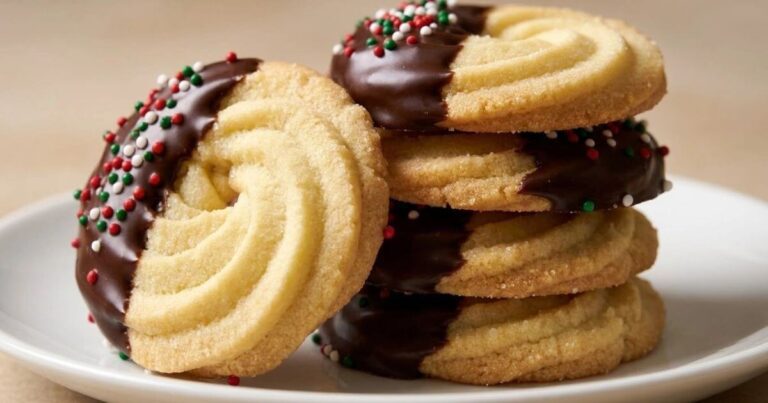 Perfect butter cookies dipped in rich chocolate and topped with festive sprinkles, baked at home with a classic butter cookie recipe.