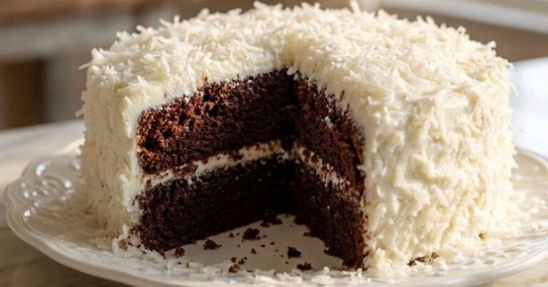 How to make chocolate coconut cake in easy steps with moist chocolate layers and creamy coconut frosting