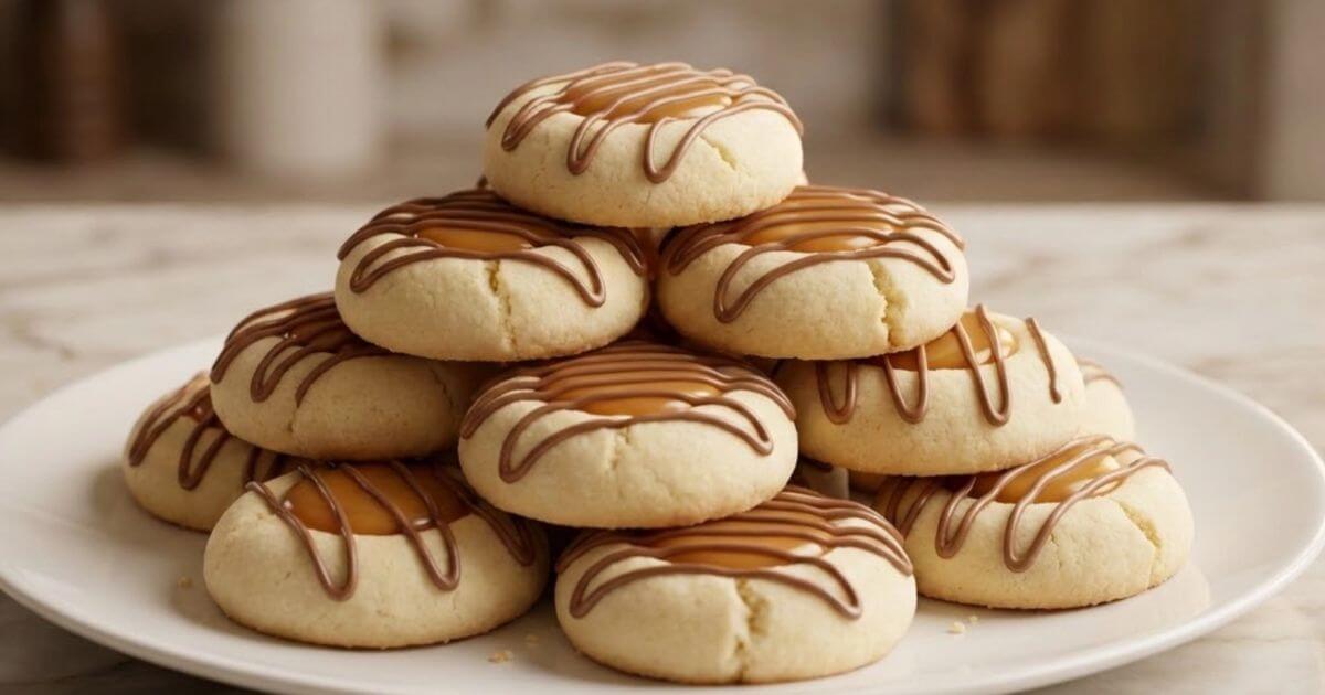 A stack of soft Twix thumbprint cookies on a white plate, featuring a caramel center and a milk chocolate drizzle.