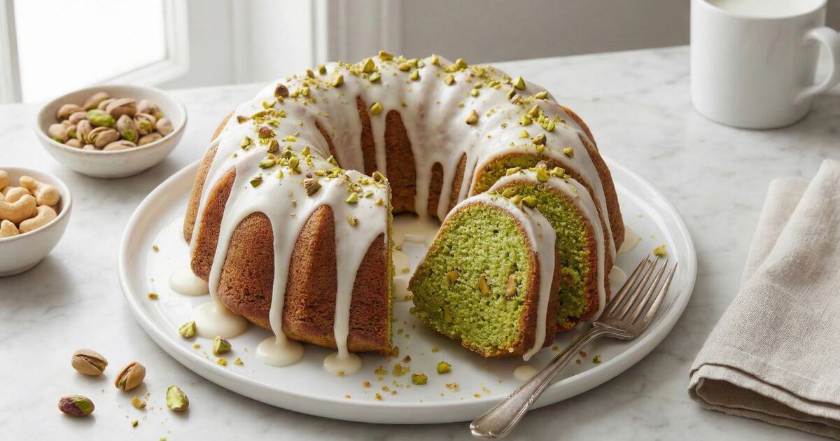 Fluffy pistachio bundt cake drizzled with vanilla glaze and topped with chopped pistachios, sliced to show a moist green crumb.