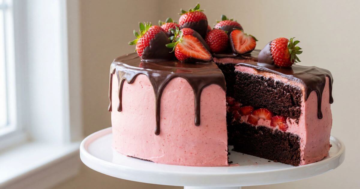 A decadent two-layer chocolate cake with pink strawberry frosting, dark chocolate drip, and chocolate-covered strawberries on top.