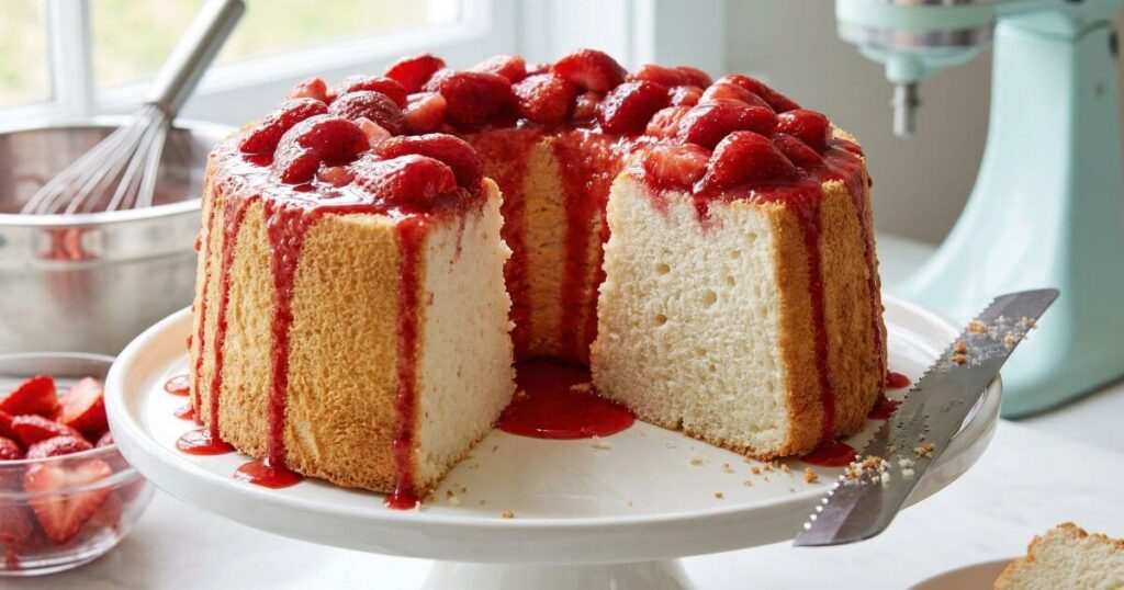 A fluffy,Strawberry Angel Food Cake on a white pedestal stand, topped with fresh macerated strawberries