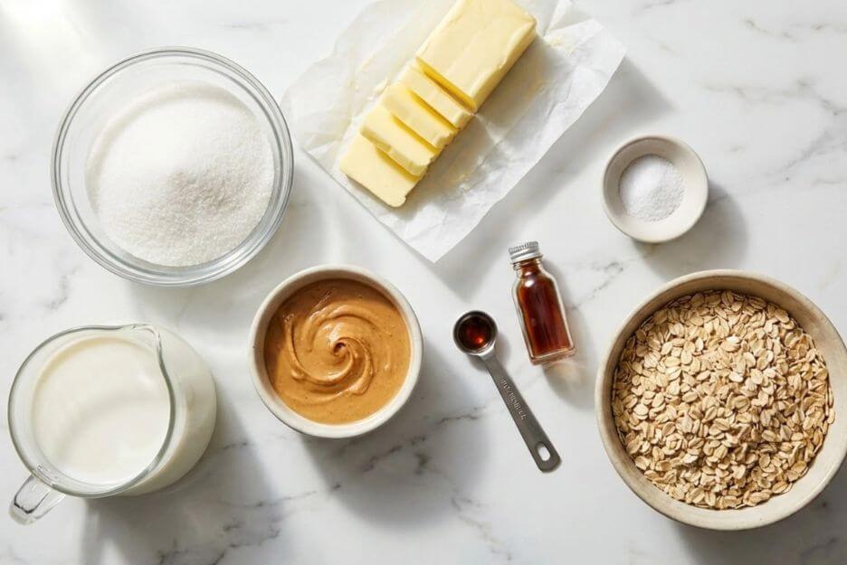 Ingredients for easy no bake peanut butter oatmeal cookies
