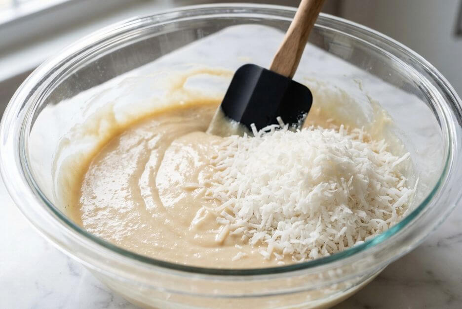 batter of  White Chocolate Coconut Bundt Cake