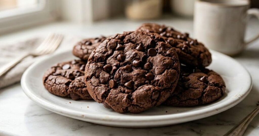 Close-up of a stack of thick, fudgy double chocolate chip cookies with melted chips on a white plate, showcasing a chewy cracked texture.