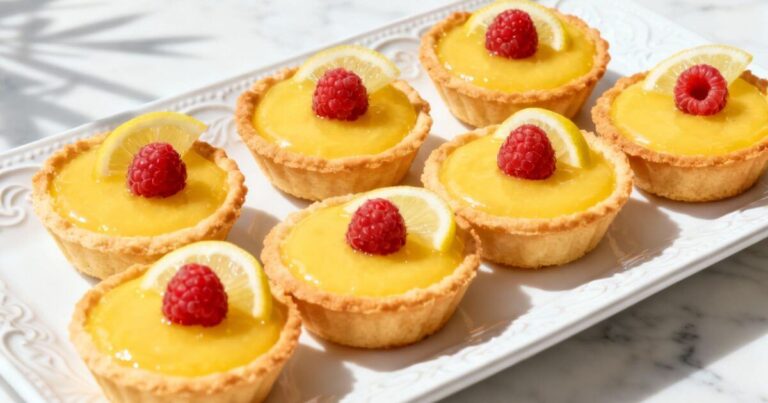 Mini Lemon Tarts topped with fresh raspberries and lemon slices on a white serving plate