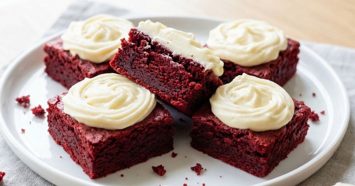 Best red velvet brownies recipe topped with creamy cream cheese frosting, cut into squares and served on a white plate