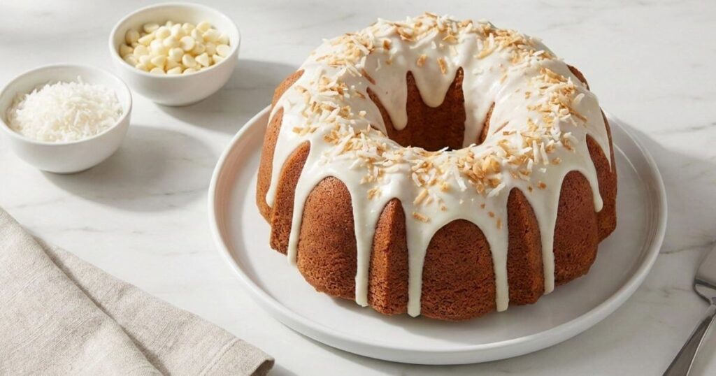 Golden-brown White Chocolate Coconut Bundt Cake topped with thick white glaze and toasted coconut flakes on a white plate.