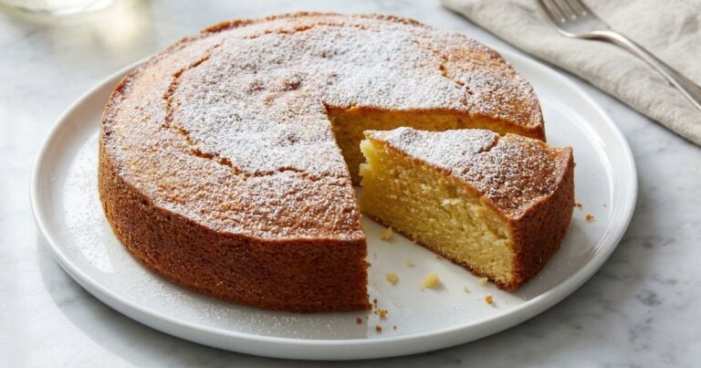 A whole, round olive oil lemon cake dusted with powdered sugar on a white ceramic plate, placed on a marble countertop near a window.