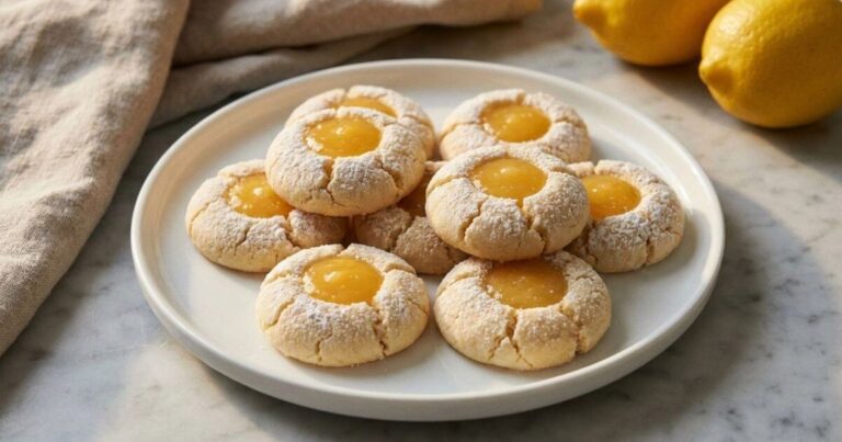 How to Bake Lemon Curd Cookies soft buttery cookies with glossy lemon curd centers dusted with powdered sugar on a white plate