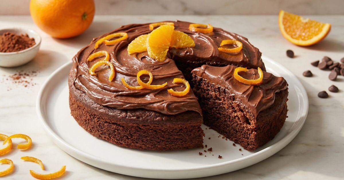 Sliced Chocolate Orange Cake topped with rich chocolate ganache and candied orange zest on a white plate.