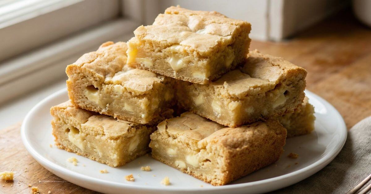 White chocolate brownies stacked on a plate soft fudgy texture