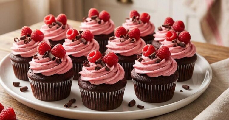 A platter of homemade chocolate raspberry cupcakes with swirl pink frosting, fresh raspberries, and chocolate shavings on a wooden table