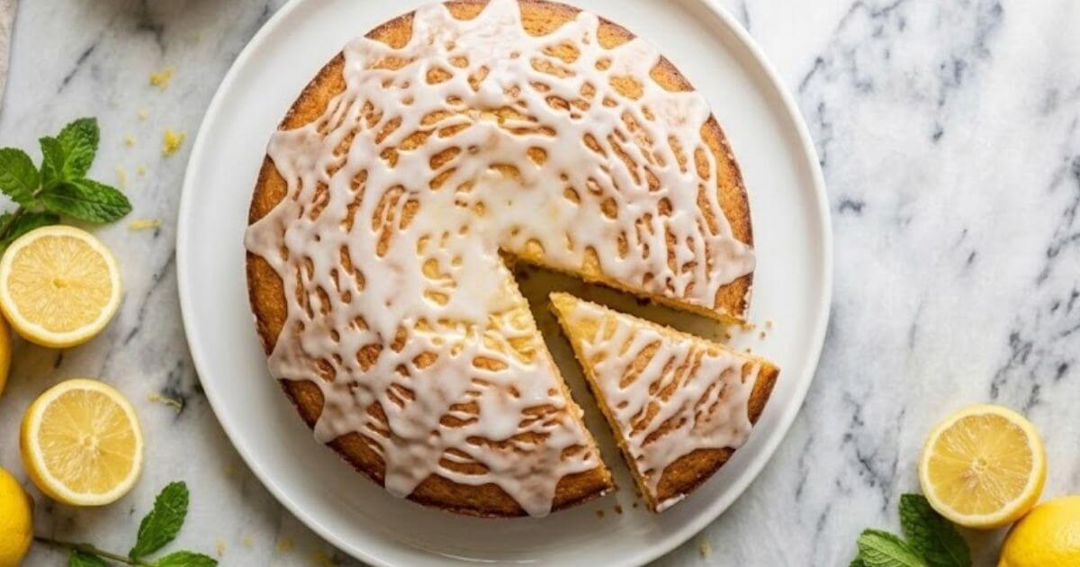 Lemon Sponge Cake Recipe That Is Easy to Make topped with sweet lemon glaze and sliced on a white plate