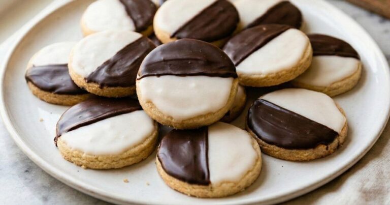 A white plate stacked with homemade Black and White cookies featuring smooth chocolate and white icing.