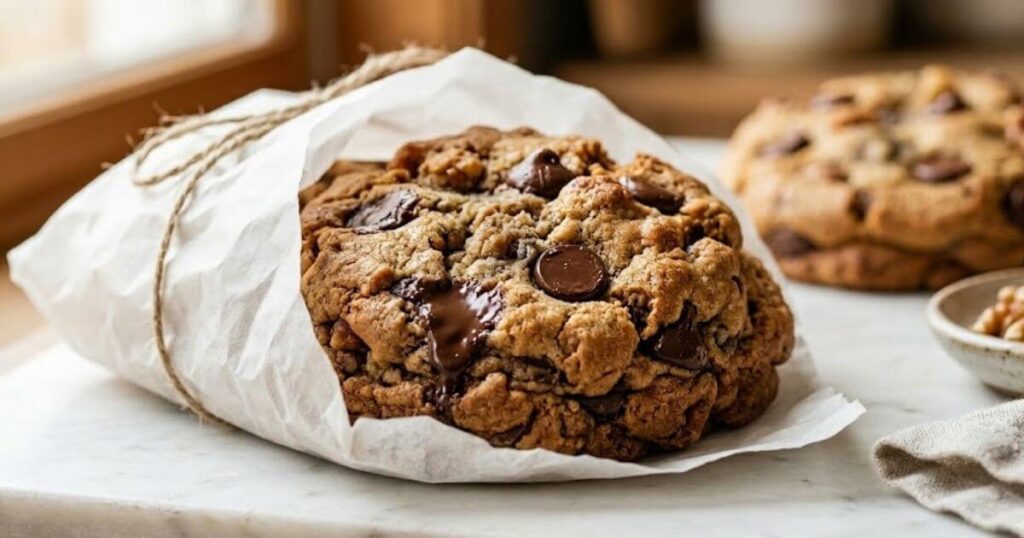 A thick, gooey Levain-style chocolate chip walnut cookie wrapped in white parchment paper tied with twine.