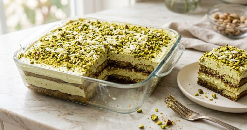 A glass dish of Pistachio Tiramisu with layered ladyfingers and green pistachio cream, topped with crushed pistachios and white chocolate shavings.