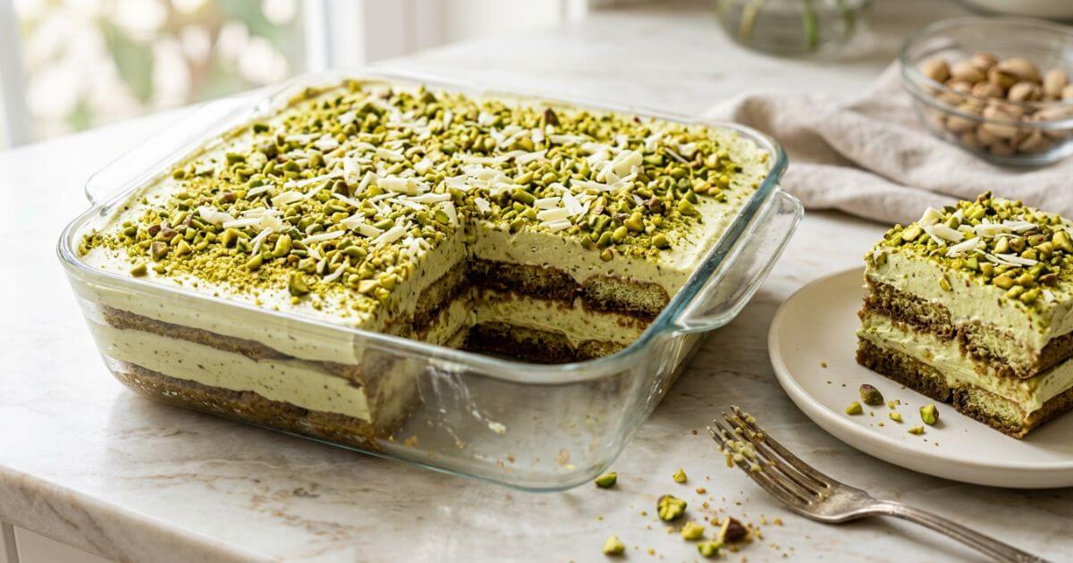 A glass dish of Pistachio Tiramisu with layered ladyfingers and green pistachio cream, topped with crushed pistachios and white chocolate shavings.