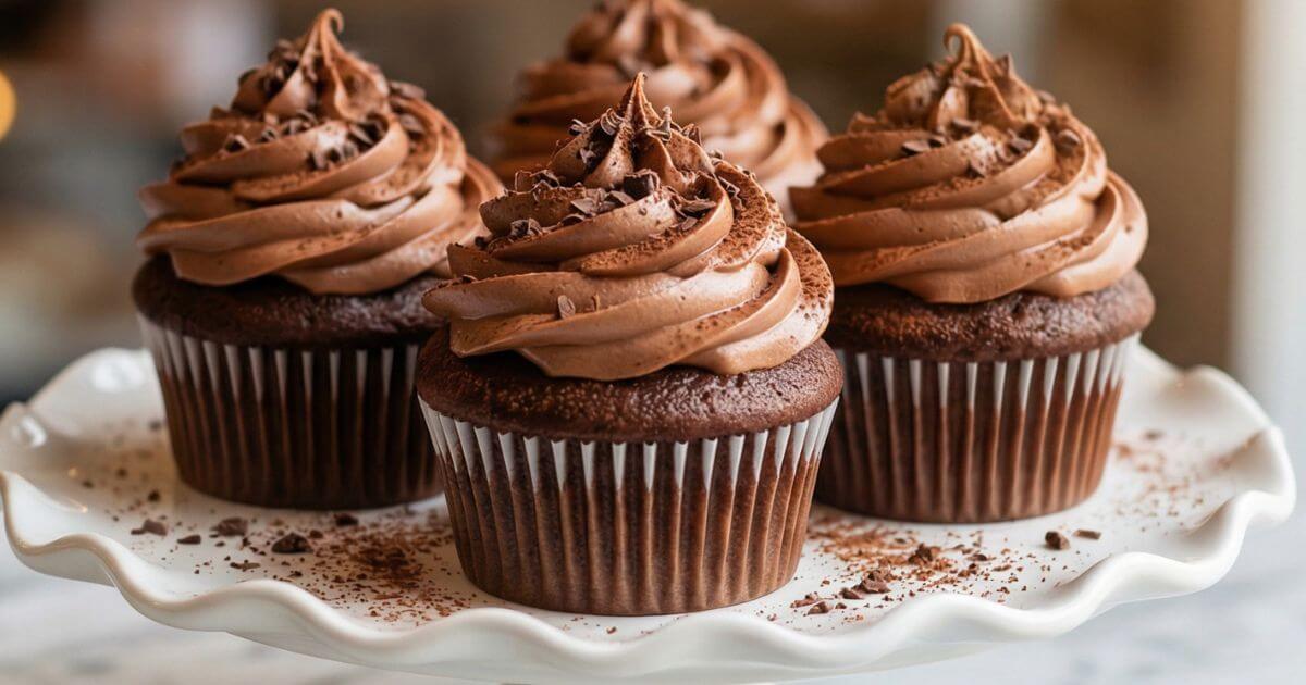 Super moist milk chocolate cupcakes with swirled chocolate buttercream frosting and chocolate shavings on a white ceramic cake stand