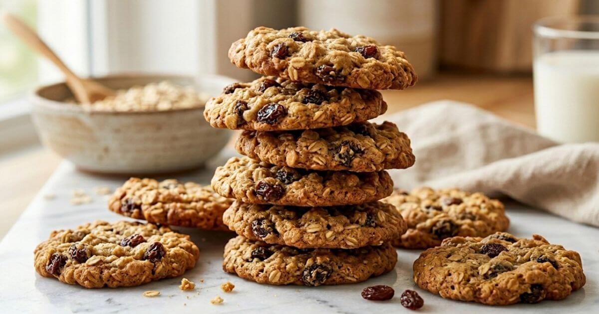 Oatmeal Raisin Cookies Recipe stacked on marble surface with oats and glass of milk in background