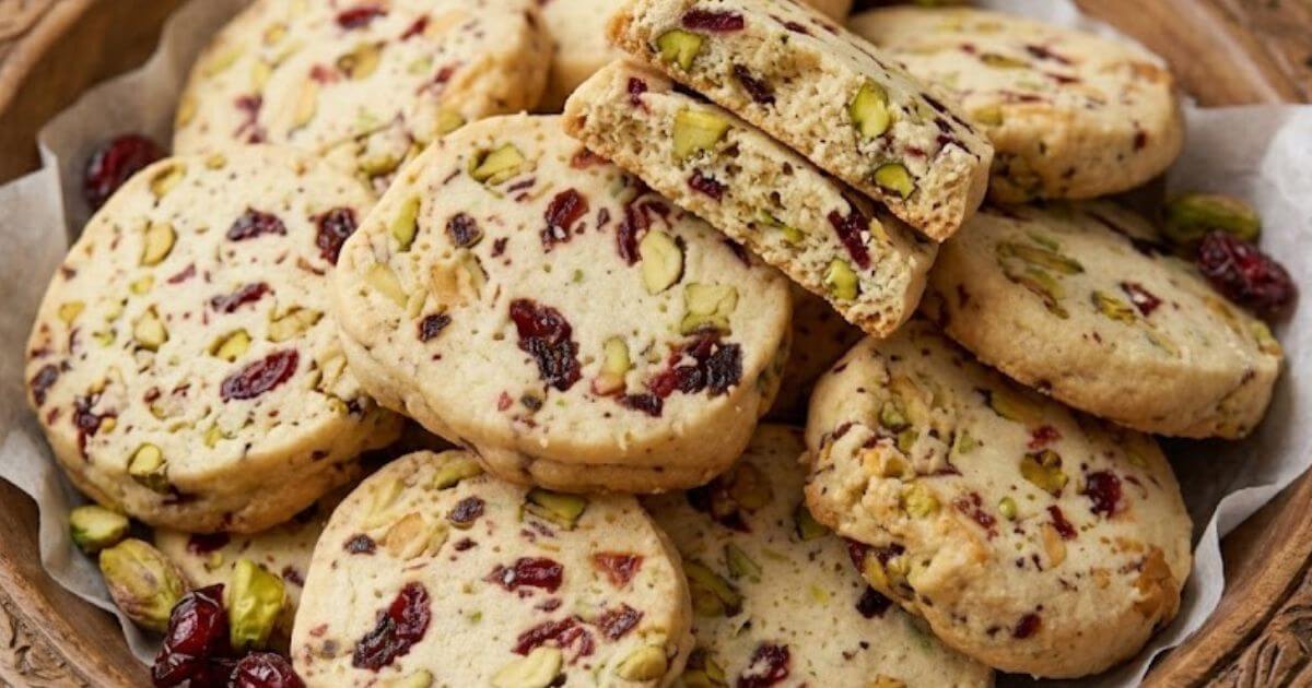 Cranberry Pistachio Shortbread Cookies in a rustic bowl on a marble surface, showing buttery texture with dried cranberries and pistachios