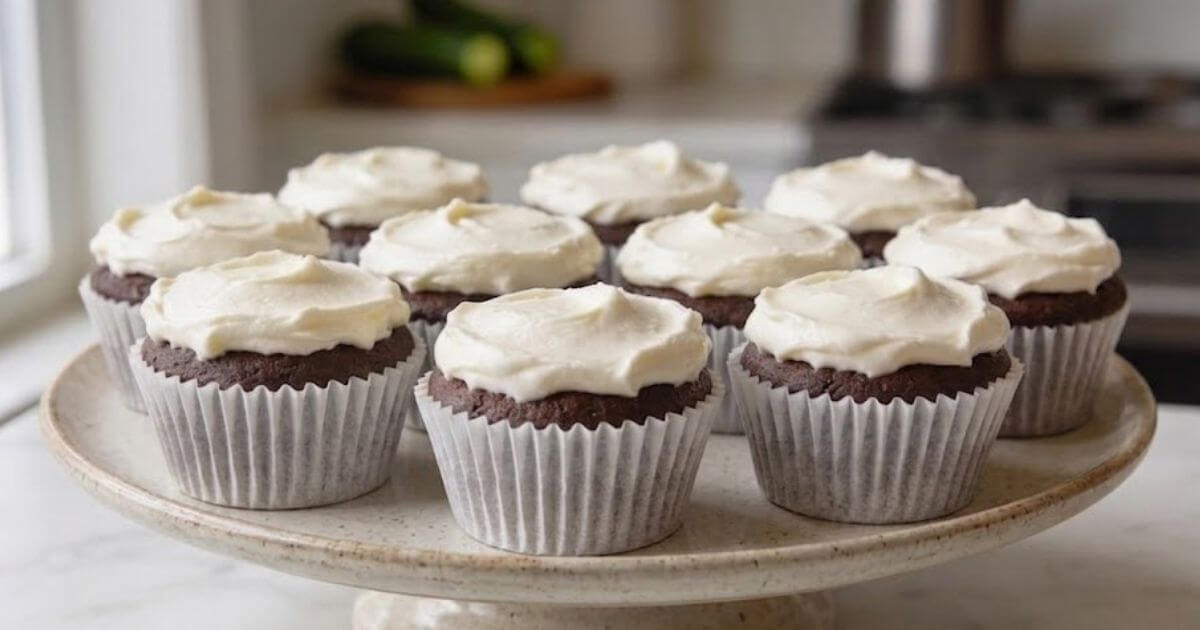 fluffy chocolate zucchini cupcakes topped with swirls of smooth white frosting on a marble surface.