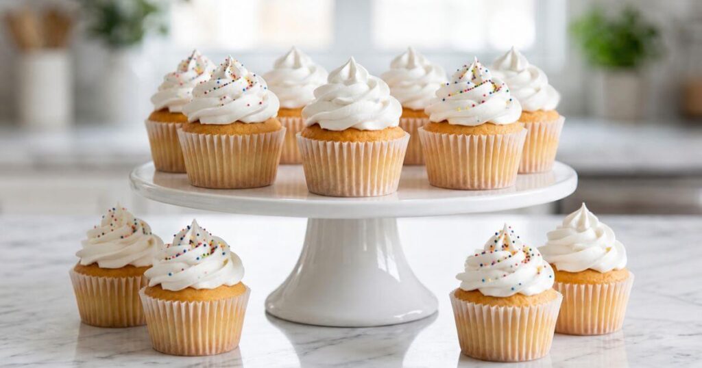 Marshmallow cupcakes with fluffy frosting on a white cake stand on a marble countertop